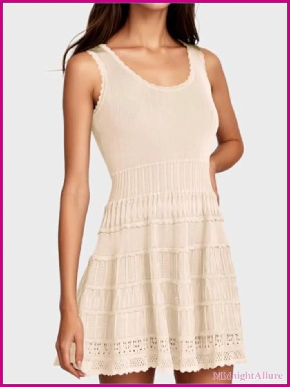 Casual Crewneck Knitted Crochet Hem Flowy Tank Mini Dress